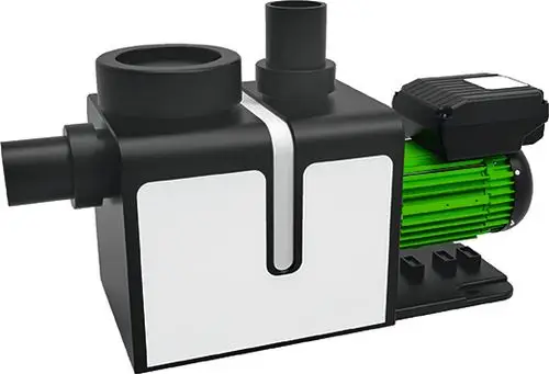 Umwälzpumpe von Grünbeck in kompaktem Design, ausgestattet mit einer grünen Motorabdeckung und mehreren Anschlüssen für die Wasserversorgung.